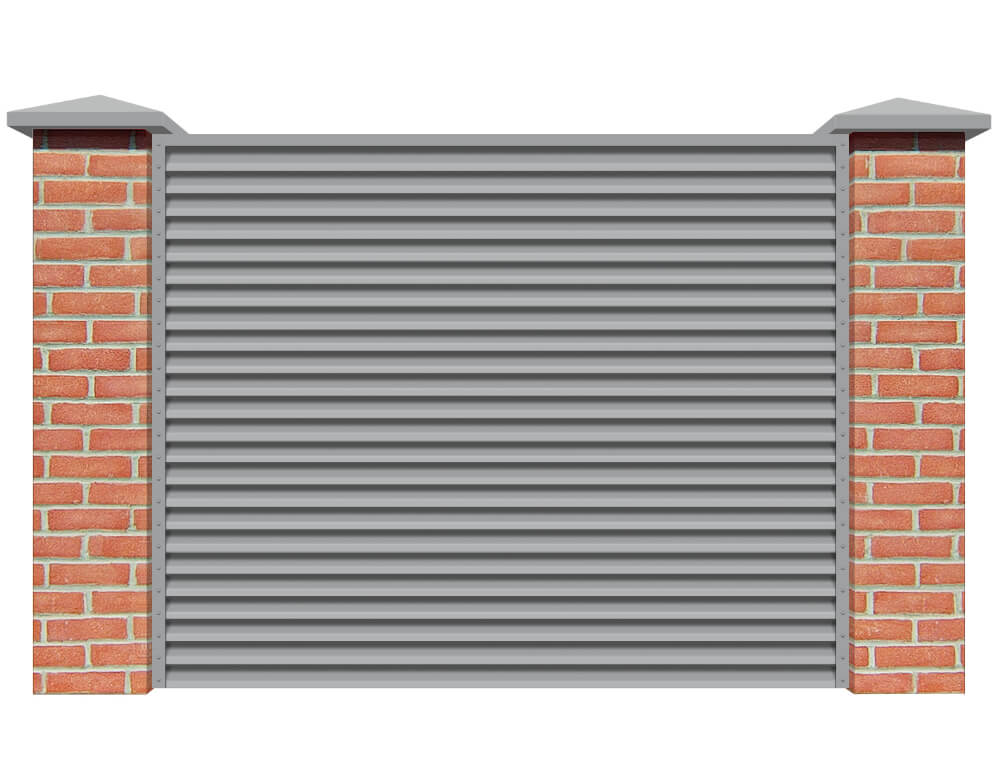 Секция забора жалюзи из ламелей Жалюзи ЭКО-Z RAL7004 Серый с кирпичными столбами анфас