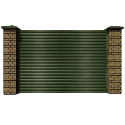 Секция забора жалюзи из ламелей еврожалюзи RAL6005 Зеленый Мох Стальной Бархат с кирпичными столбами анфас