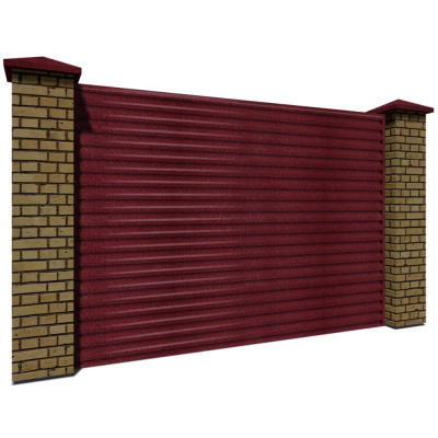 Секция забора жалюзи из ламелей еврожалюзи RAL3005 Красное Вино Стальной Бархат с кирпичными столбами