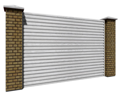 Секция из ламелей Еврожалюзи для заборов типа жалюзи цвет Printech под дерево Беленый Дуб с кирпичными столбами